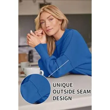 LILLUSORY Women's Oversized Batwing Sweaters 2024 Fall Outfits Crewneck Ribbed Knit Side Slit Trendy Pullover Tops Blue XL