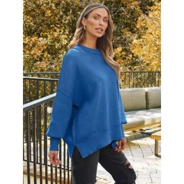 LILLUSORY Women's Oversized Batwing Sweaters 2024 Fall Outfits Crewneck Ribbed Knit Side Slit Trendy Pullover Tops Blue XL
