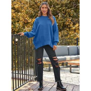 LILLUSORY Women's Oversized Batwing Sweaters 2024 Fall Outfits Crewneck Ribbed Knit Side Slit Trendy Pullover Tops Blue XL