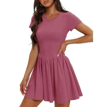 Darong Women's Casual Plain Simple T-Shirt A Line Dress Crew Neck Drop Waist Mini Dresses 9051 Raspberry Pink L