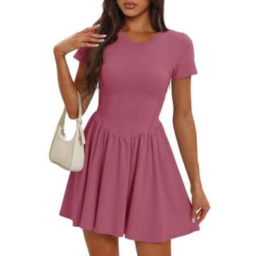Darong Women's Casual Plain Simple T-Shirt A Line Dress Crew Neck Drop Waist Mini Dresses 9051 Raspberry Pink L