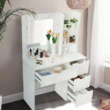 Fashionwu Makeup Vanity with LED Lighting and Charging Station, 4 Drawers & Storage Shelf