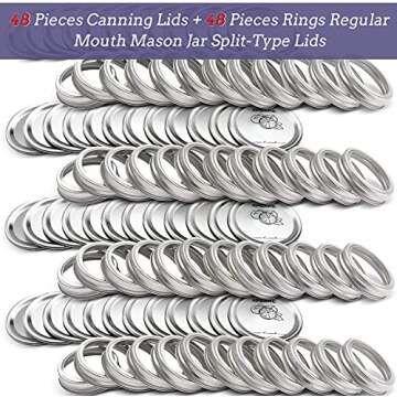 XPCARE 96 Pieces Canning Lids and Rings Regular Mouth - 48 Pieces Canning Lids + 48 Pieces Rings - Regular Mouth Mason Jar - Split-Type Lids with Silicone Seals Rings - Mason Storage Solid Caps