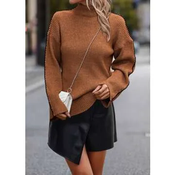 KIRUNDO Women's 2024 Fall Mock Neck Long Sleeve Ribbed Knit Contrast Stitching Oversized Chunky Sweater Pullover Top Caramel