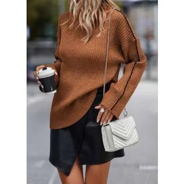 KIRUNDO Women's 2024 Fall Mock Neck Long Sleeve Ribbed Knit Contrast Stitching Oversized Chunky Sweater Pullover Top Caramel
