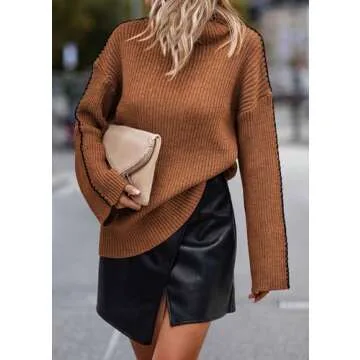 KIRUNDO Women's 2024 Fall Mock Neck Long Sleeve Ribbed Knit Contrast Stitching Oversized Chunky Sweater Pullover Top Caramel