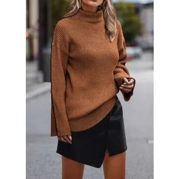 KIRUNDO Women's 2024 Fall Mock Neck Long Sleeve Ribbed Knit Contrast Stitching Oversized Chunky Sweater Pullover Top Caramel