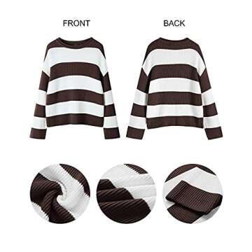 ZESICA Women's Fall Long Sleeve Crew Neck Striped Color Block Comfy Loose Oversized Knitted Pullover Sweater,Coffee,Small