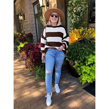 ZESICA Women's Fall Long Sleeve Crew Neck Striped Color Block Comfy Loose Oversized Knitted Pullover Sweater,Coffee,Small