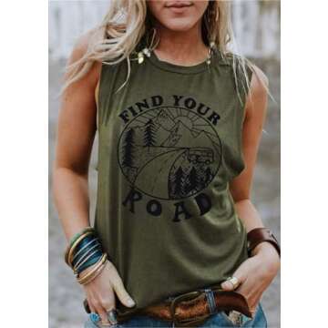 Umsuhu Find Your Road Shirts Tank Tops Women Sleeveless Summer Graphic Tank Tops Tee Shirts (Medium, Green 02, m)