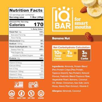 IQBAR Brain and Body Keto Protein Bars - 12-Count Banana Nut, Matcha Chai & Wild Blueberry Keto Bars - Low Carb Protein Bars - High Fiber Vegan Bars and Low Sugar Meal Replacement Bars