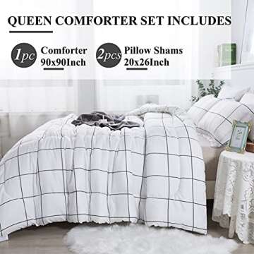 Andency White Grid Comforter Set Queen(90x90Inch), 3 Pieces (1 Plaid Comforter and 2 Pillowcases) Wh...