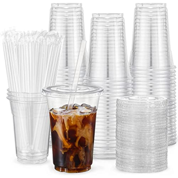 VITEVER [100 Sets - 20oz] Clear Plastic Cups with Lids and Straws, Disposable Cups for Iced Coffee, ...