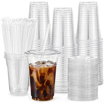 VITEVER [100 Sets - 20oz] Clear Plastic Cups with Lids and Straws, Disposable Cups for Iced Coffee, ...