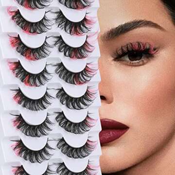 False Colored Lashes Pink Fluffy Faux Mink Eyelashes with Color Natural Wispy Russian Strip Extensio...
