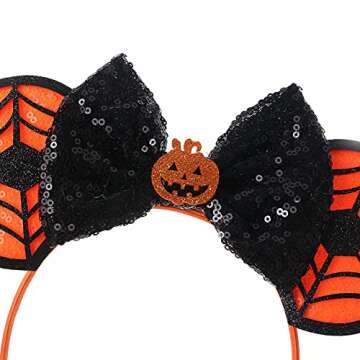 JIAHANG Halloween Mouse Ears Headband Sequin Bow Pumpkin Hair Hoop, Party Decoration Headwear Hair A...