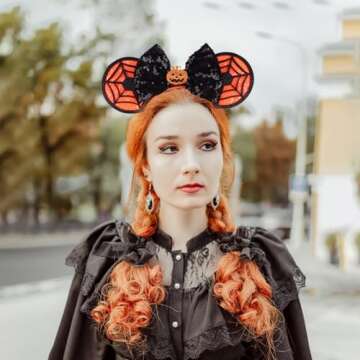 JIAHANG Halloween Mouse Ears Headband Sequin Bow Pumpkin Hair Hoop, Party Decoration Headwear Hair Accessories for Women Girls (Halloween 1)