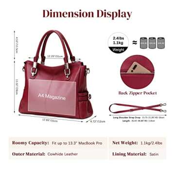 S-ZONE Women Genuine Leather Handbag Shoulder Purse Satchel Tote Crossbody Bag