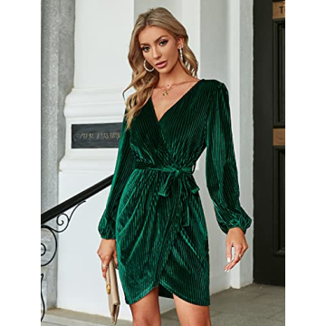 BerryGo Women's Long Sleeve Wrap Semi Formal Velvet Mini Dress Sexy Cocktail Party Winter Prom Dress Emerald Green L