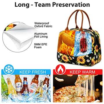 Idle Hippo Lunch Bags for Women Insulated Lunch Box Cooler Tote Bag with Front Pocket Reusable Lunch Bag for Men Adults Work Hiking Picnic - Sunflower