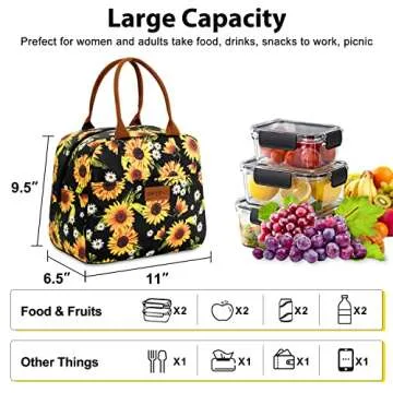 Idle Hippo Lunch Bags for Women Insulated Lunch Box Cooler Tote Bag with Front Pocket Reusable Lunch Bag for Men Adults Work Hiking Picnic - Sunflower