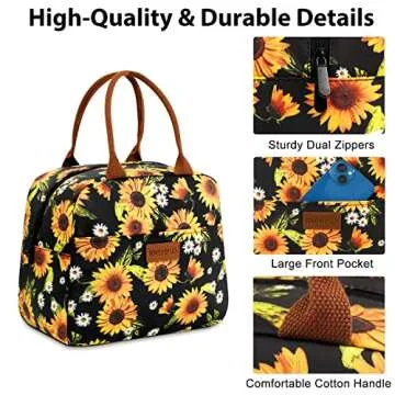 Idle Hippo Lunch Bags for Women Insulated Lunch Box Cooler Tote Bag with Front Pocket Reusable Lunch Bag for Men Adults Work Hiking Picnic - Sunflower