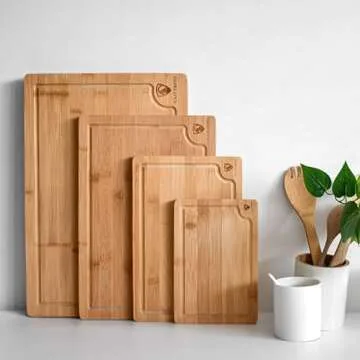 Cutting Boards for Kitchen - Bamboo Cutting Board Set of 4, Cutting Boards w/Juice Grooves, Thick Chopping Board for Meat, Veggies, Easy Grip Handle - Kitchen Gadgets Gift