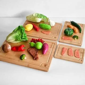 Cutting Boards for Kitchen - Bamboo Cutting Board Set of 4, Cutting Boards w/Juice Grooves, Thick Chopping Board for Meat, Veggies, Easy Grip Handle - Kitchen Gadgets Gift
