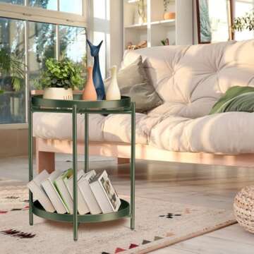 TeoKJ 2 Tier Green Side Table, Folding Round Metal End Table Small Nightstand with Two Removable Tray for Bedroom Living Room Bedside Small Spaces Dark Green
