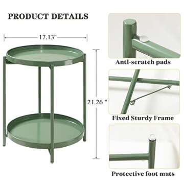 TeoKJ 2 Tier Green Side Table, Folding Round Metal End Table Small Nightstand with Two Removable Tray for Bedroom Living Room Bedside Small Spaces Dark Green