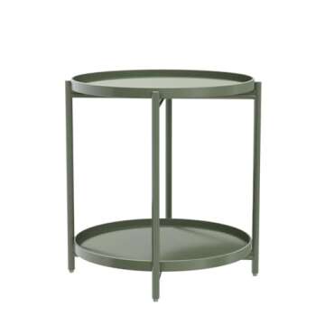 TeoKJ 2 Tier Green Side Table, Folding Round Metal End Table Small Nightstand with Two Removable Tray for Bedroom Living Room Bedside Small Spaces Dark Green