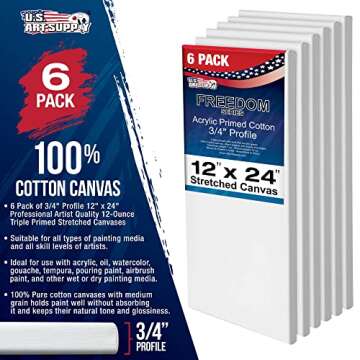 U.S. Art Supply 12 x 24 inch Stretched Canvas 12-Ounce Primed 6-Pack - Professional White Blank 3/4"...