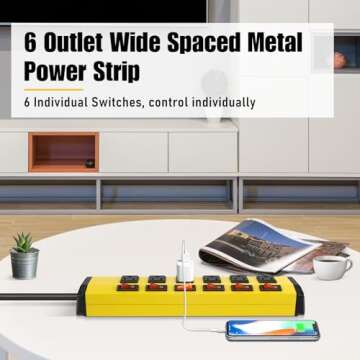 ANNQUAN 6 Outlet Metal Power Strip with 6 Individual Switches,Heavy Duty Power Strip 1200J 15A 6FT C...