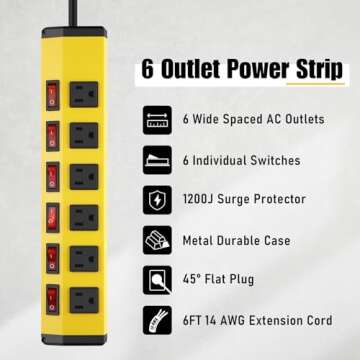ANNQUAN 6 Outlet Metal Power Strip with 6 Individual Switches,Heavy Duty Power Strip 1200J 15A 6FT Cord Home Office Industrial Commercial Shop