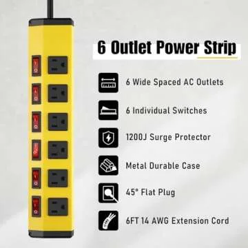 ANNQUAN 6 Outlet Metal Power Strip with 6 Individual Switches,Heavy Duty Power Strip 1200J 15A 6FT Cord Home Office Industrial Commercial Shop