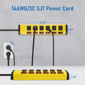 ANNQUAN 6 Outlet Metal Power Strip with 6 Individual Switches,Heavy Duty Power Strip 1200J 15A 6FT Cord Home Office Industrial Commercial Shop