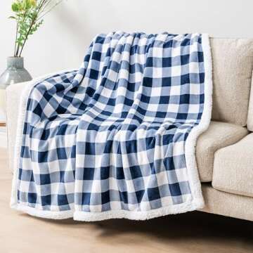 PAVILIA White and Navy Blue Buffalo Plaid Sherpa Throw Blanket for Couch Twin, Soft Fuzzy Flannel Bl...