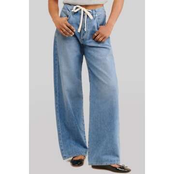 PLNOTME Womens Baggy Wide Leg Jeans Boyfriend Drawstring High Waisted Mom Denim Pants with Pockets Light Blue