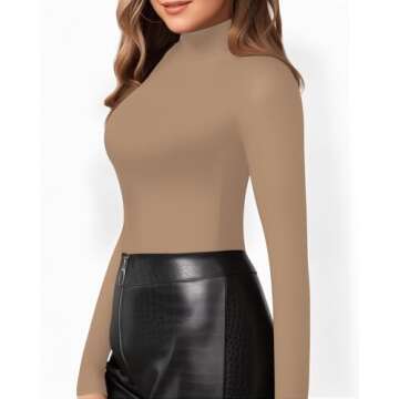 MANGOPOP Women's Mock Turtle Neck Slim Fit Long Sleeve Tee Mocha