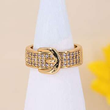 Gold Sparkly Diamond Belt Buckle Ring for Her