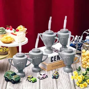 Amyhill 12 Pcs Race Car Trophy Cups With Straws and Lids 12 Oz Plastic Race Car Birthday Party Supplies And Favors For Kids Adults Props Rewards Winning Prizes Competitions (Silver)
