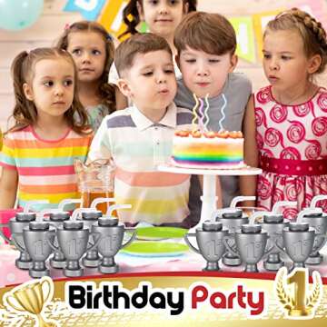 Amyhill 12 Pcs Race Car Trophy Cups With Straws and Lids 12 Oz Plastic Race Car Birthday Party Supplies And Favors For Kids Adults Props Rewards Winning Prizes Competitions (Silver)