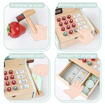 PairPear Wooden Toy Cash Register for Kids' Pretend Play