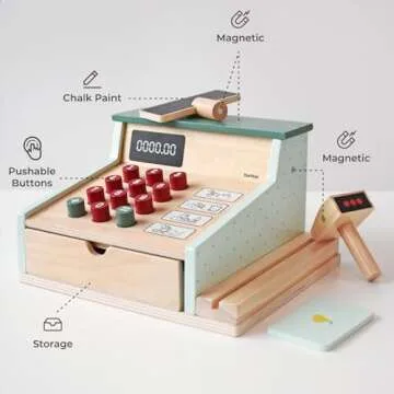 PairPear Wooden Toy Cash Register for Kids' Pretend Play