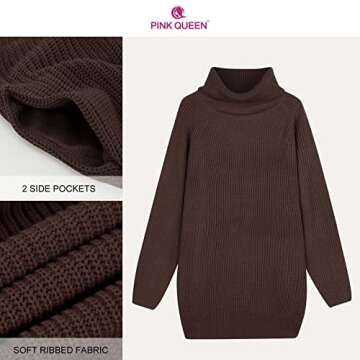 Pink Queen Women's Loose Turtleneck Oversize Long Pullover Sweater Dress Coffee S