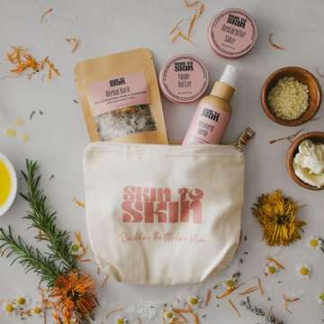 Skin to Skin Postpartum Recovery Kit - 4 Piece Set in Cosmetic Bag - Includes: Herbal Bath, Recovery Spray, Restorative Salve, Nipple Butter - After Birth Care