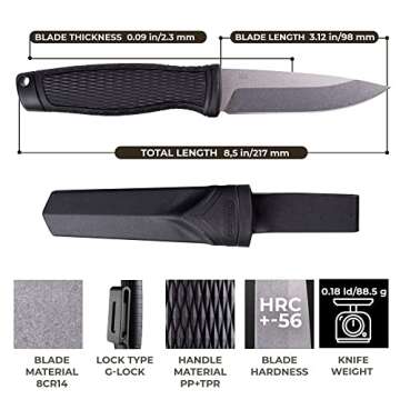 Ganzo G806-BK Fixed Blade Knife 8CR14 Stainless Steel Blade Ergonomic Anti-Slip Handle Camping Hunti...