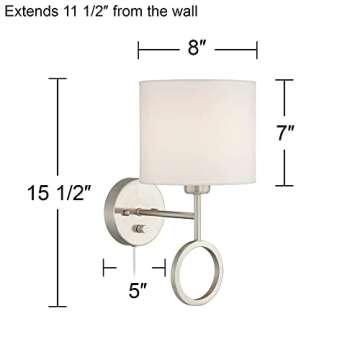 360 Lighting Amidon Modern Indoor Wall Lamp Brushed Nickel Plug-in Light Fixture Dimmable White Linen Fabric Drum Shade for Bedroom Bedside House Reading Living Room Home Hallway Dining