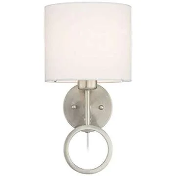 360 Lighting Amidon Modern Indoor Wall Lamp Brushed Nickel Plug-in Light Fixture Dimmable White Linen Fabric Drum Shade for Bedroom Bedside House Reading Living Room Home Hallway Dining