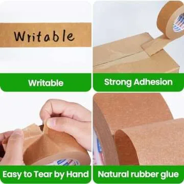ADHES Biodegradable Kraft Paper Tape, 2 inch x 55 Yards 3 Rolls Eco Friendly & Writable & Uncoated Paper Packing Tape Brown Packing Tape for Masking, Sealing, and Packaging Use